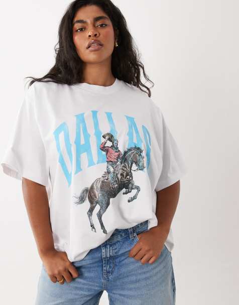ASOS DESIGN CURVE Oversized T-shirt with Dallas rodeo graphic in white - view 1