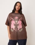[ASOS Curve] ASOS DESIGN Curve oversized t-shirt with embroidered celestial graphic in washed chocolate-Brown XL WASHED CHOC