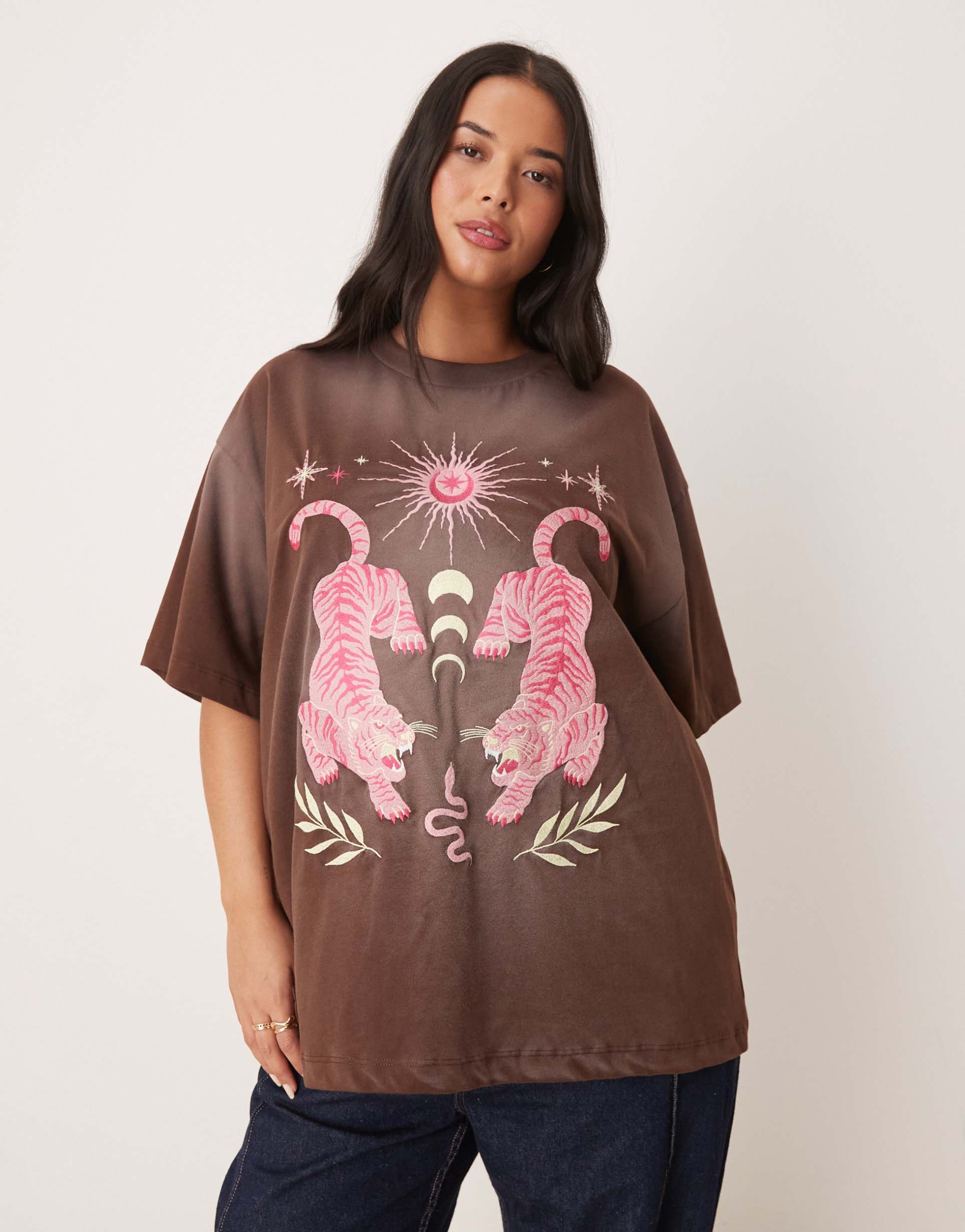 asos design curve oversized t-shirt with embroidered celestial graphic in washed chocolate