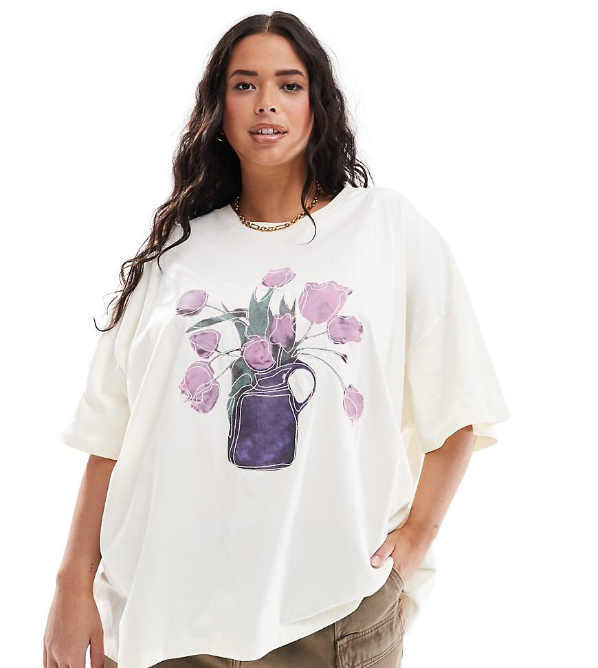 ASOS DESIGN Curve oversized t-shirt with embroidered tulip graphic in white