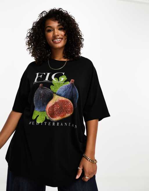 Asos Design Curve Oversized T Shirt With Fig Graphic In Black Asos