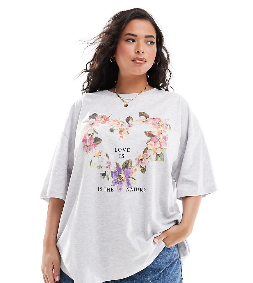 ASOS DESIGN Curve oversized t-shirt with floral heart graphic in white