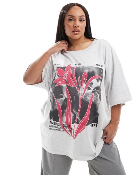 ASOS DESIGN curve oversized t-shirt with flower graphic in ice marl - view 1