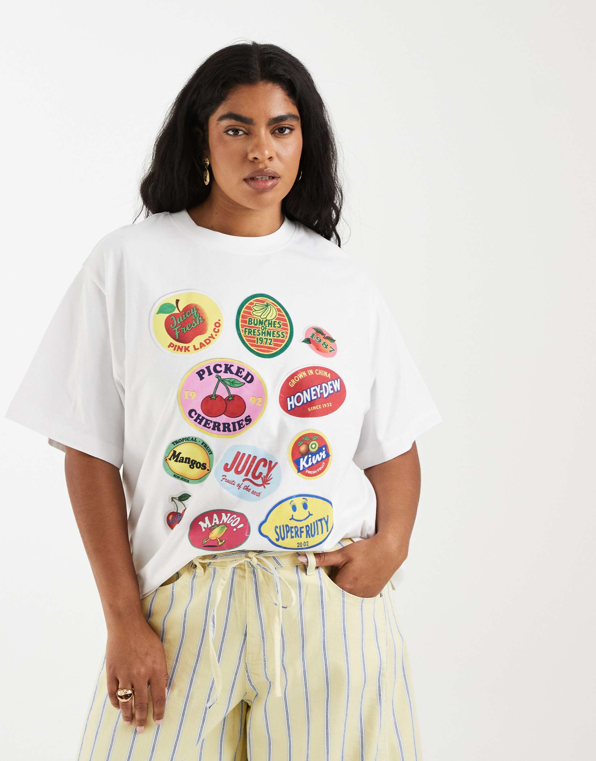 asos design curve oversized t-shirt with fruit stickers graphic in white