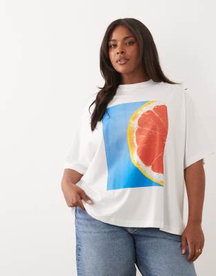 ASOS DESIGN Curve Oversized T-shirt with grapefruit graphic in teal and white print 7390₽