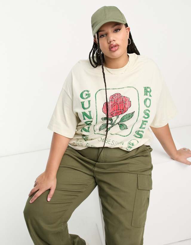 ASOS DESIGN Curve oversized t-shirt with guns n roses license graphic in stone