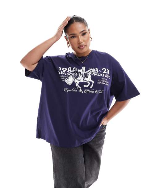 ASOS DESIGN Curve oversized t-shirt with horse graphic in navy - view 1