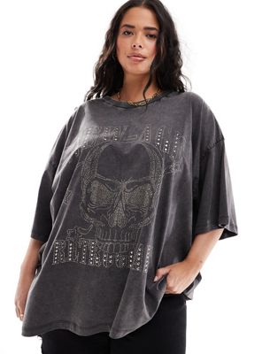 ASOS DESIGN Curve oversized t-shirt with hotfix skull rock graphic in washed charcoal-Grey