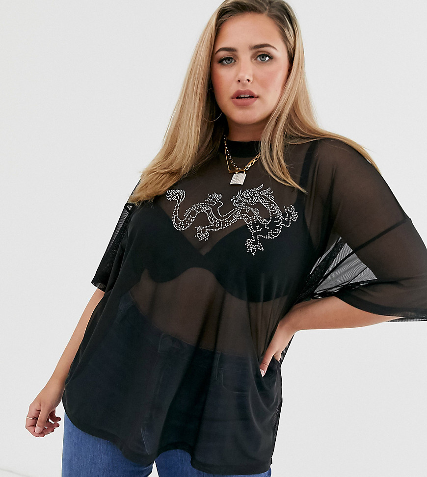 ASOS DESIGN Curve oversized t-shirt with iridescent stud dragon motif-Black