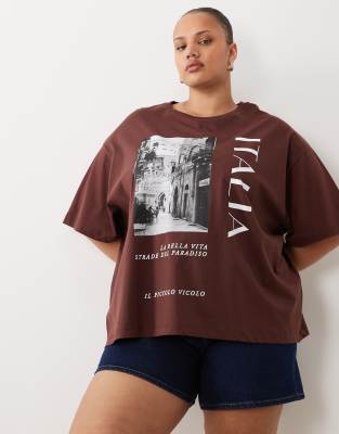 Asos Curve Asos Design Curve Oversized T-shirt With Italia Graphic In Brown