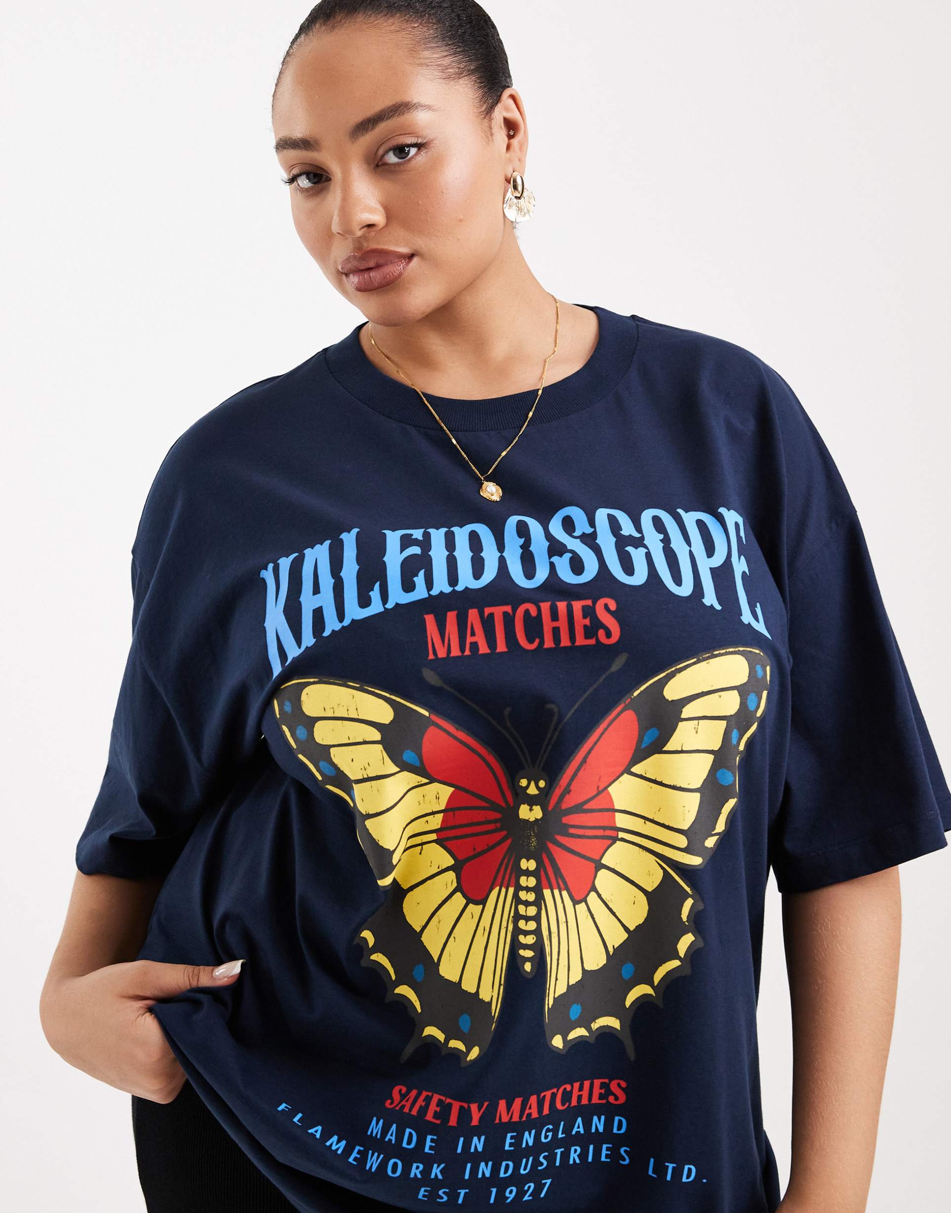 asos design curve oversized t-shirt with kaleidoscope graphic in navy