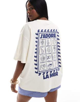 ASOS Curve ASOS DESIGN Curve oversized t-shirt with la mer shell graphic in cream-White