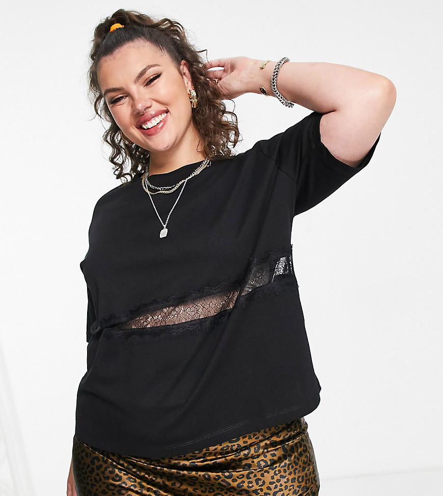 Asos Curve - Asos design curve oversized t-shirt with lace panel in black