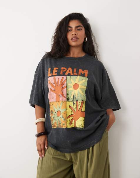 ASOS DESIGN Curve oversized t-shirt with le palm abstract graphic in charcoal - view 1