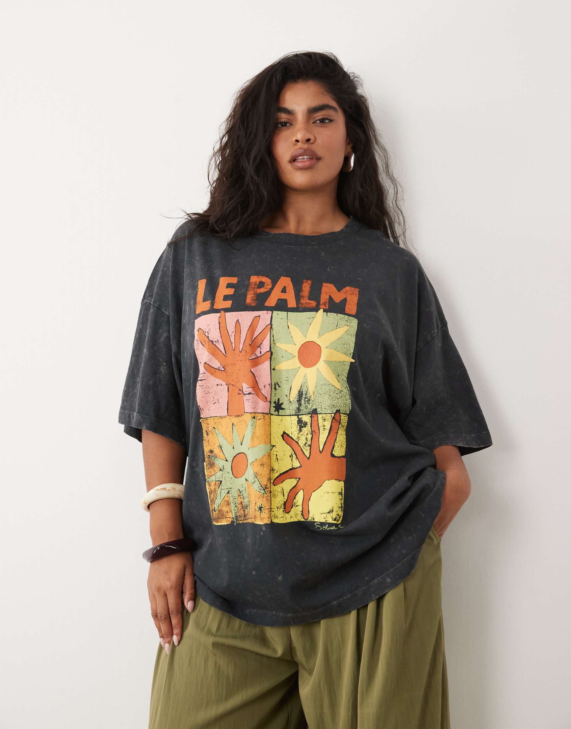 asos design curve oversized t-shirt with le palm abstract graphic in charcoal