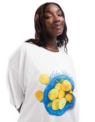 ASOS Curve ASOS DESIGN Curve oversized t-shirt with lemon graphic-White