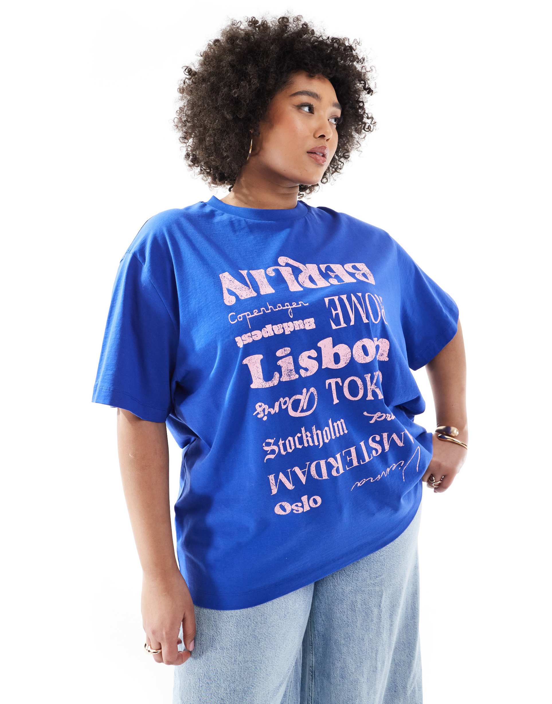 asos design curve oversized t-shirt with location graphic in blue