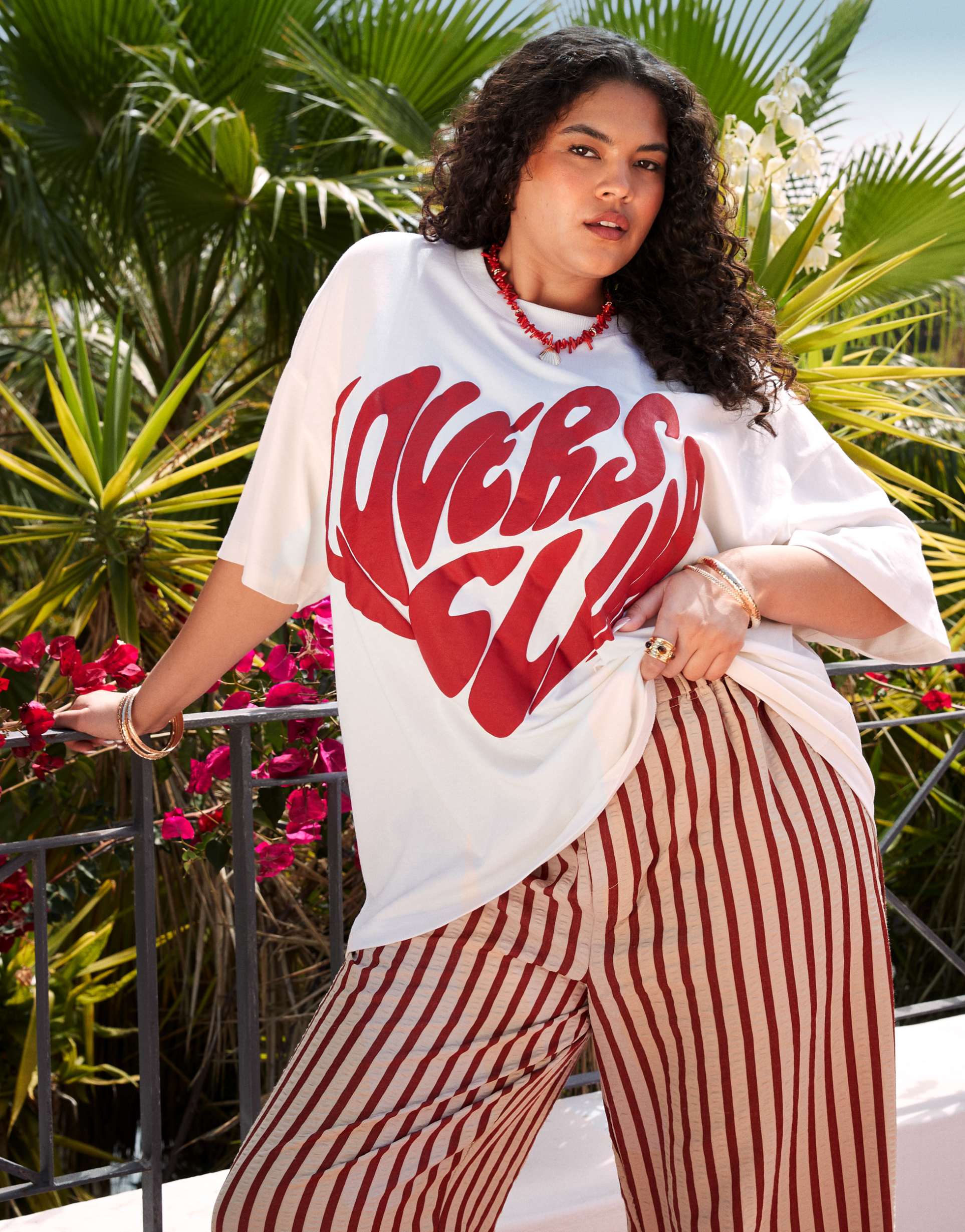 asos design curve oversized t-shirt with lovers club graphic in cream