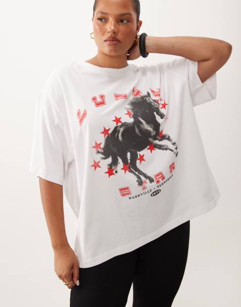 ASOS DESIGN CURVE Oversized T-shirt with lucky star rodeo graphic in white - view 1