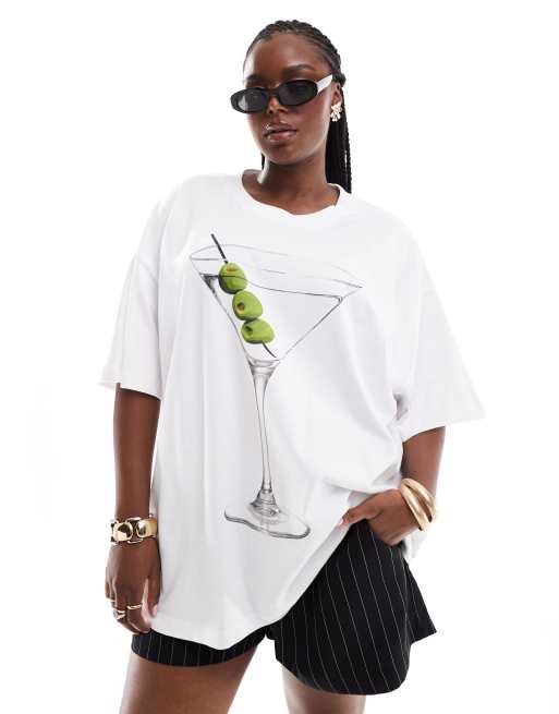 Asos Design Curve Oversized T Shirt With Martini Graphic In White Asos