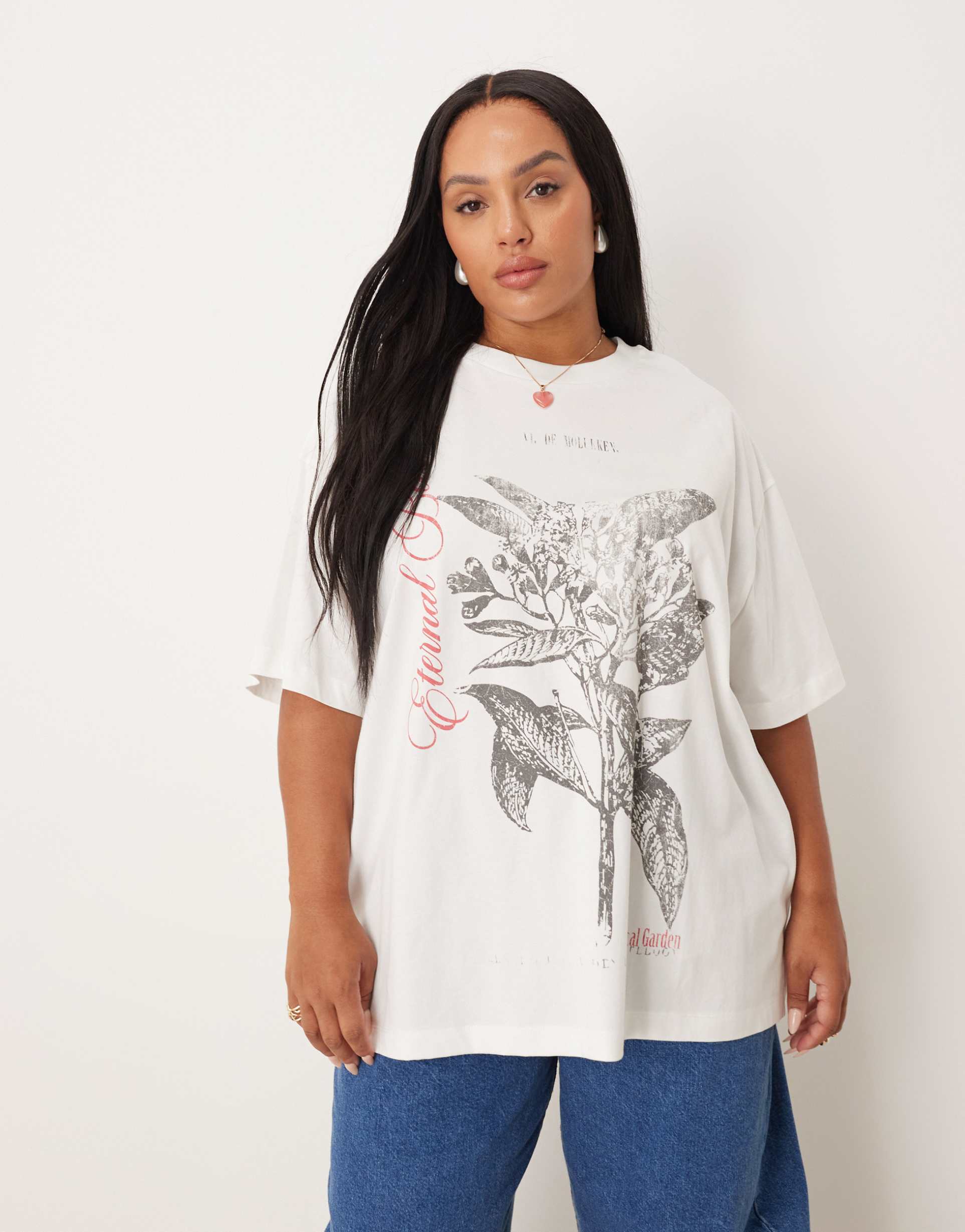 asos design curve oversized t-shirt with monochromatic rose graphic in cream