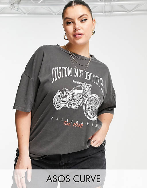  Curve oversized t-shirt with motobike graphic in charcoal 