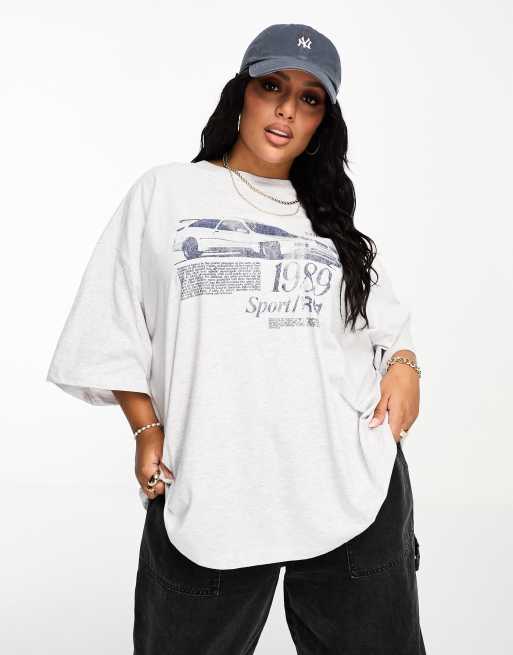 Asos Design Curve Oversized T Shirt With Motocross Graphic In Ice Marl