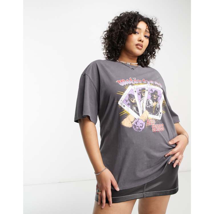 ASOS DESIGN Curve oversized T-shirt motorhead license graphic in washed charcoal |