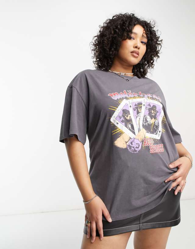 ASOS Curve - ASOS DESIGN Curve oversized t-shirt with motorhead license graphic in washed charcoal