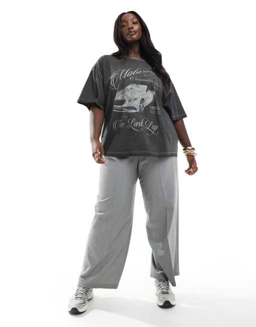 ASOS DESIGN Curve oversized t shirt with motoring car graphic in washed charcoal