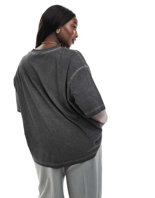 ASOS DESIGN Curve oversized t shirt with motoring car graphic in washed charcoal