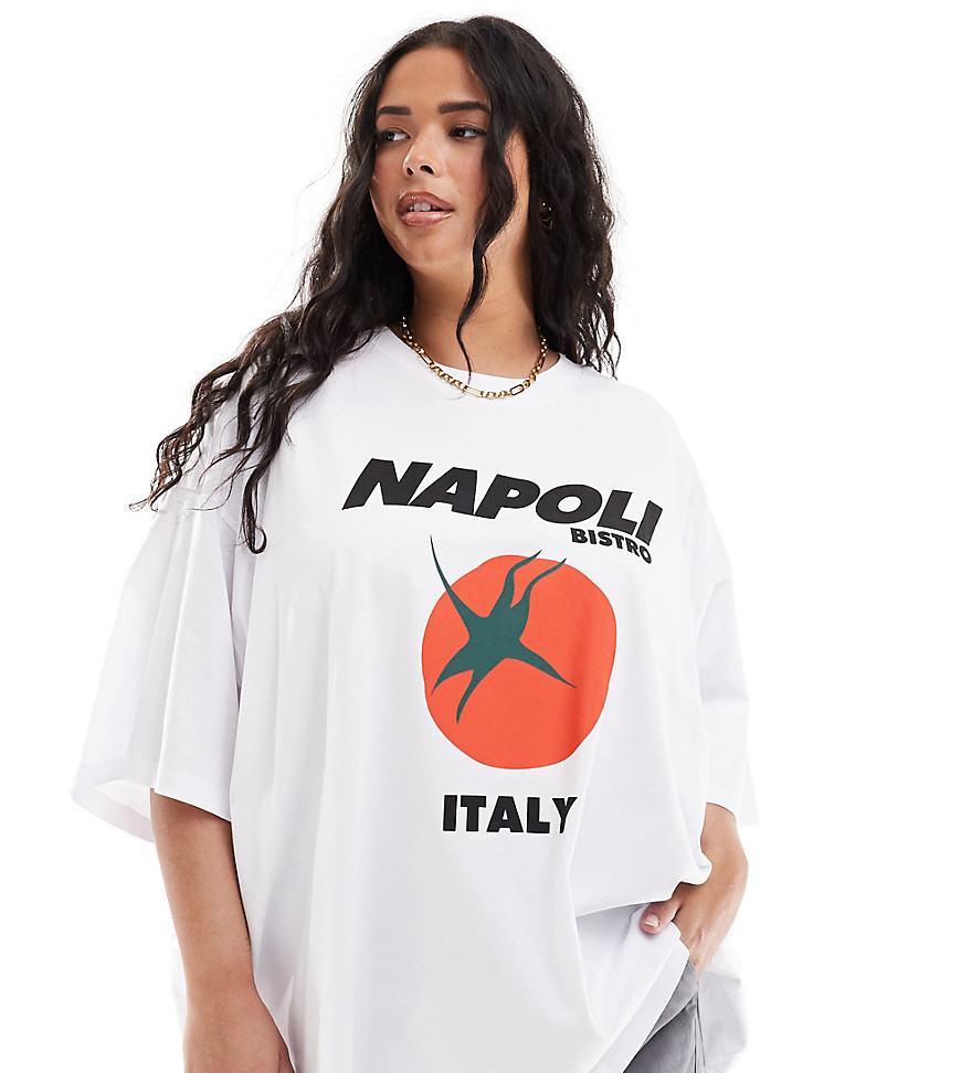 ASOS DESIGN Curve oversized t-shirt with napoli tomato graphic in white