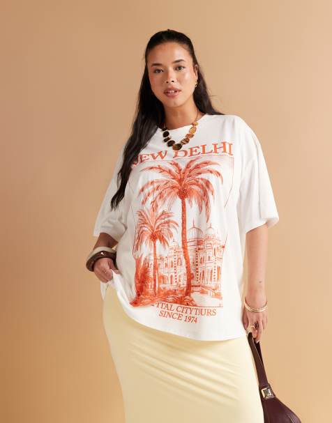 ASOS DESIGN Curve oversized T-shirt with New Delhi embellished graphic in cream - view 1