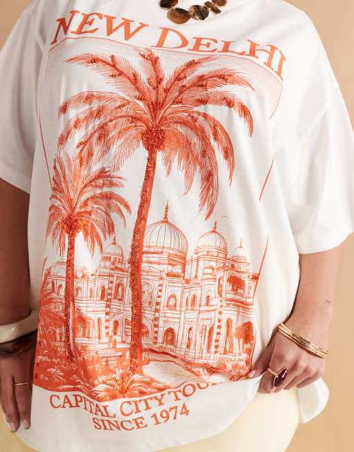 ASOS DESIGN Curve oversized T-shirt with New Delhi embellished graphic in cream, 2 of 4