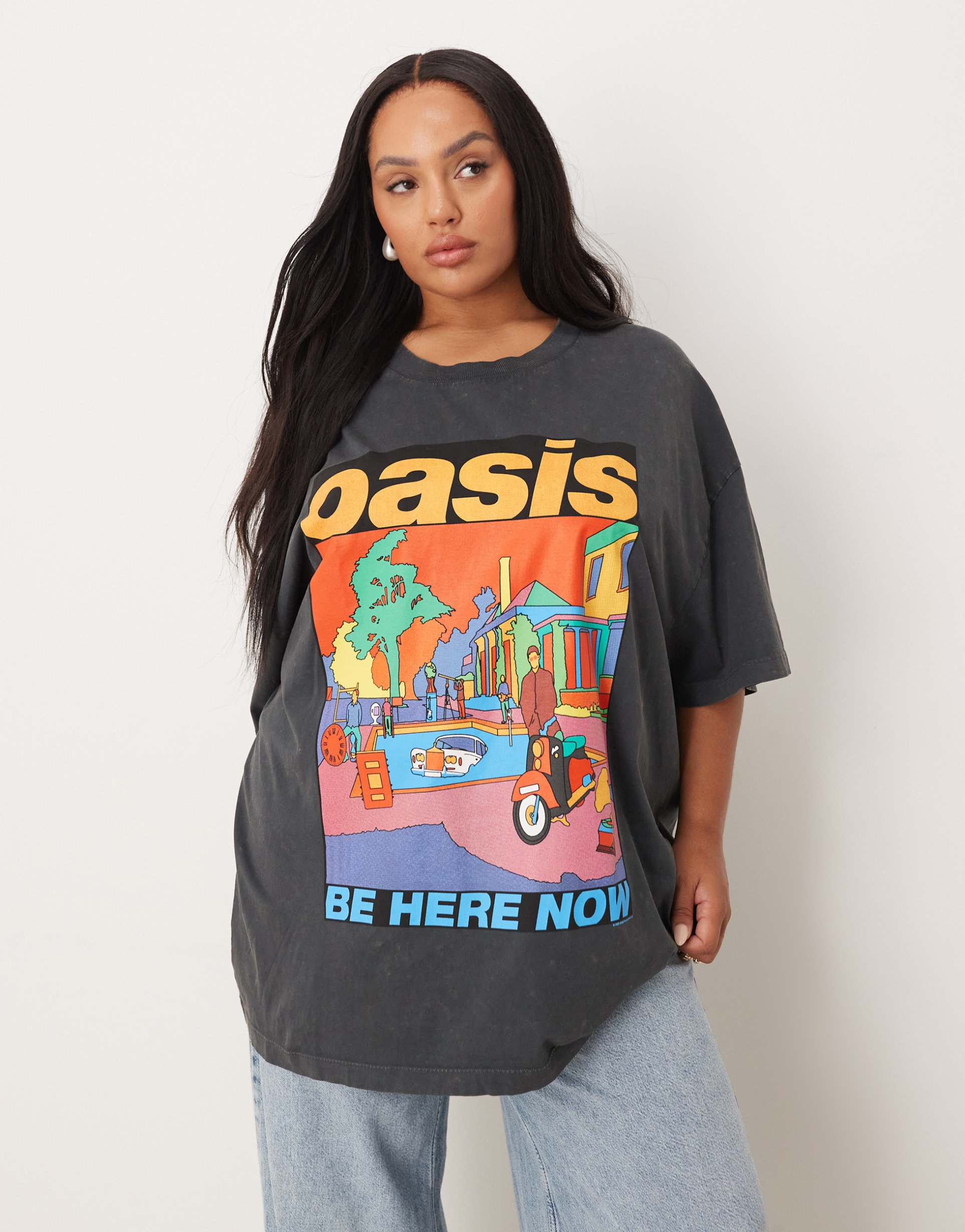asos design curve oversized t-shirt with oasis licensed graphic in washed charcoal