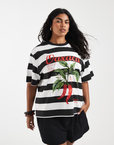 ASOS DESIGN Curve oversized T-shirt with Oaxaca chili graphic in mono stripe - view 1