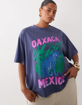 Asos Curve Asos Design Curve Oversized T-shirt With Oaxaca Leopard Graphic In Blue