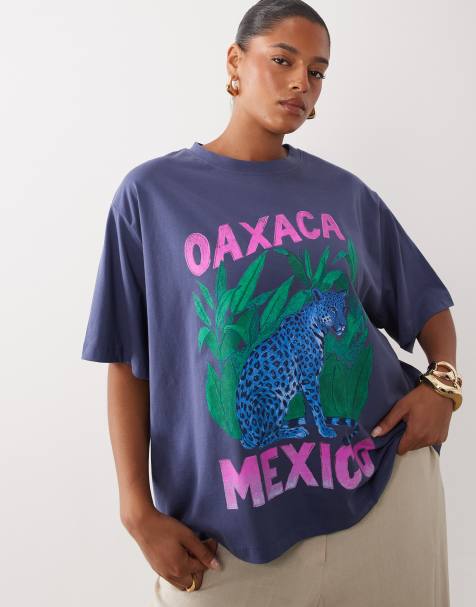 ASOS DESIGN Curve Oversized T-shirt with Oaxaca leopard graphic in blue - view 1
