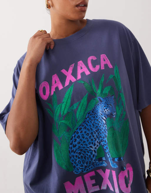 ASOS DESIGN Curve Oversized T-shirt with Oaxaca leopard graphic in blue, 3 of 4