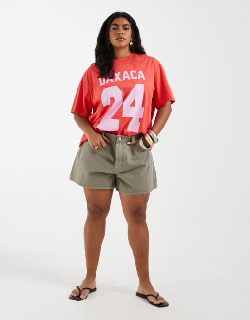 ASOS DESIGN Curve oversized T-shirt with Oaxaca varsity graphic in dark coral and lilac, 2 of 4