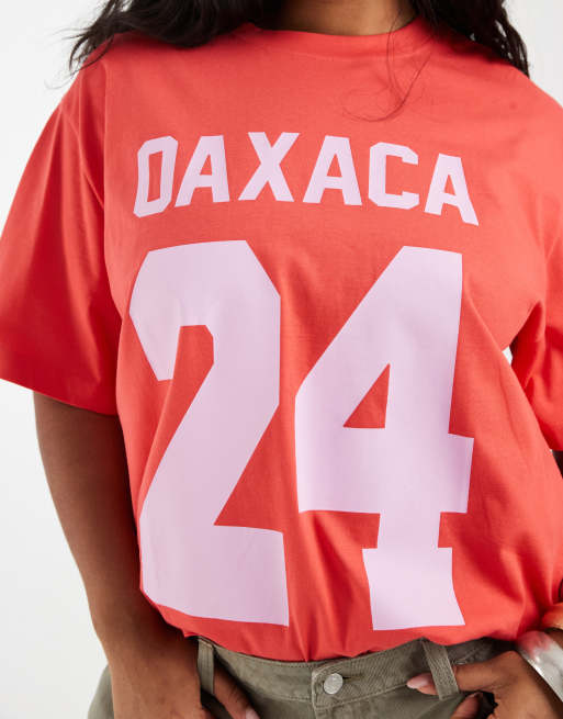 ASOS DESIGN Curve oversized T-shirt with Oaxaca varsity graphic in dark coral and lilac, 3 of 4