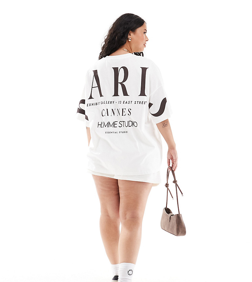ASOS DESIGN Curve oversized t-shirt with paris stacked back graphic in cream-White