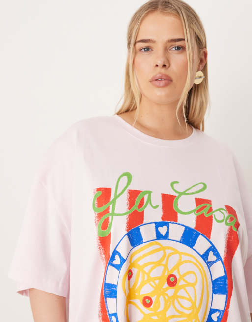 ASOS DESIGN Curve oversized T-shirt with pasta graphic in pink