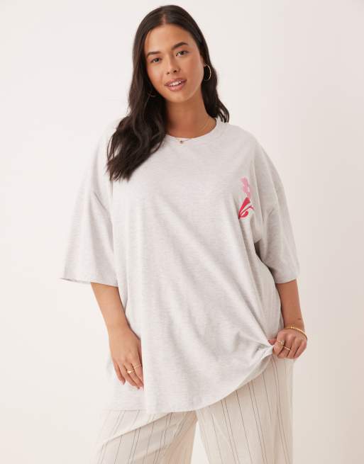 ASOS DESIGN Curve oversized t-shirt with pink floral puff print in heathered ice