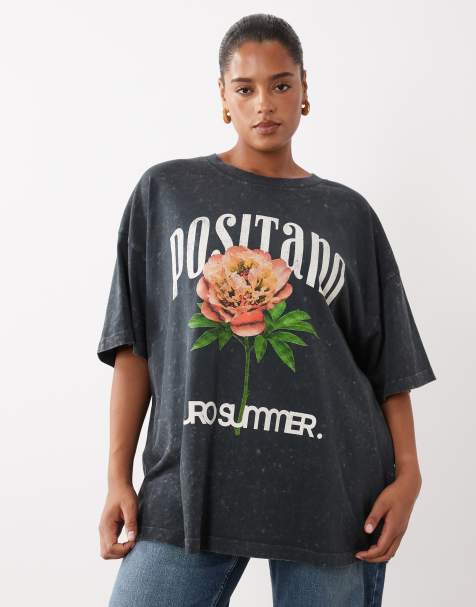 ASOS DESIGN Curve oversized t-shirt with Positano flower graphic in washed charcoal - view 1
