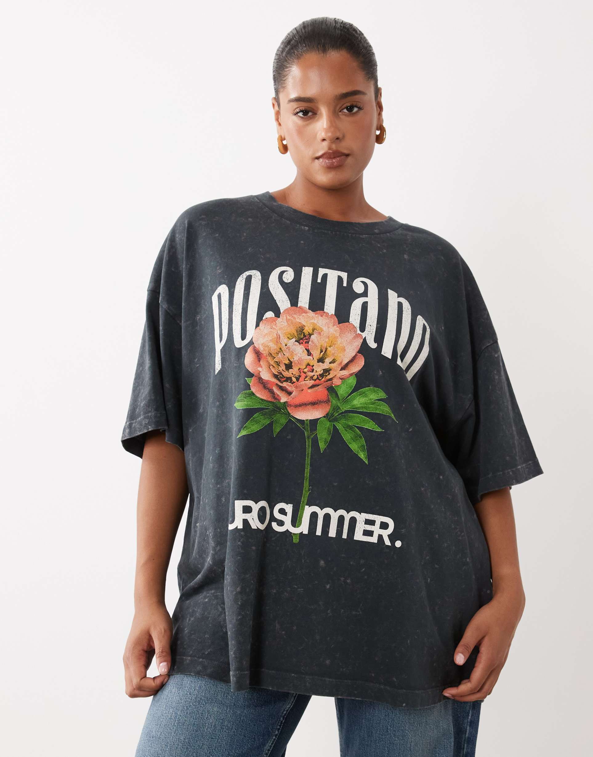 asos design curve oversized t-shirt with positano flower graphic in washed charcoal