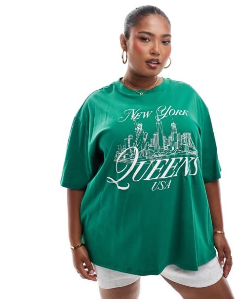 ASOS DESIGN Curve oversized t-shirt with queens new york puff graphic in green