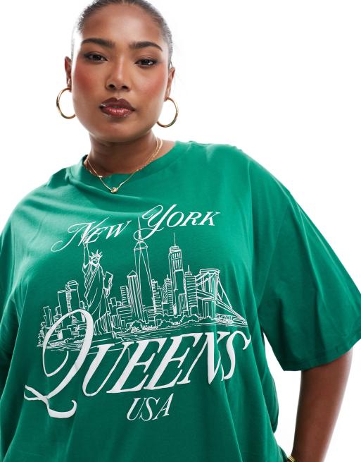 ASOS DESIGN Curve oversized t-shirt with queens new york puff graphic in green, 2 of 4