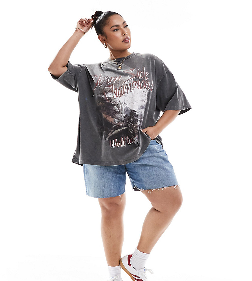 ASOS DESIGN Curve oversized t-shirt with rock graphic in in washed charcoal-Grey