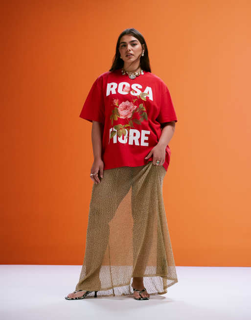 ASOS DESIGN Curve oversized t-shirt with rosa fiore graphic in red, 2 of 4
